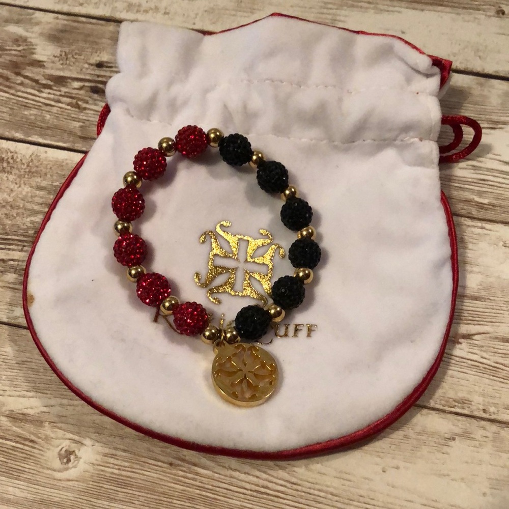 Rustic Cuff red and black with gold stretchy bracelet.